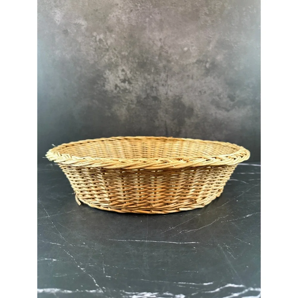 Vintage Round Low Wicker Basket Pot Tray 13in Wide 3in Tall